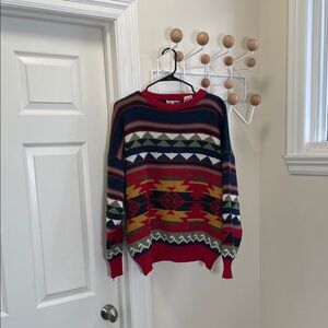 Mr. Blue - Vintage Baggy Aztec Sweater Top - Red / Navy - M
